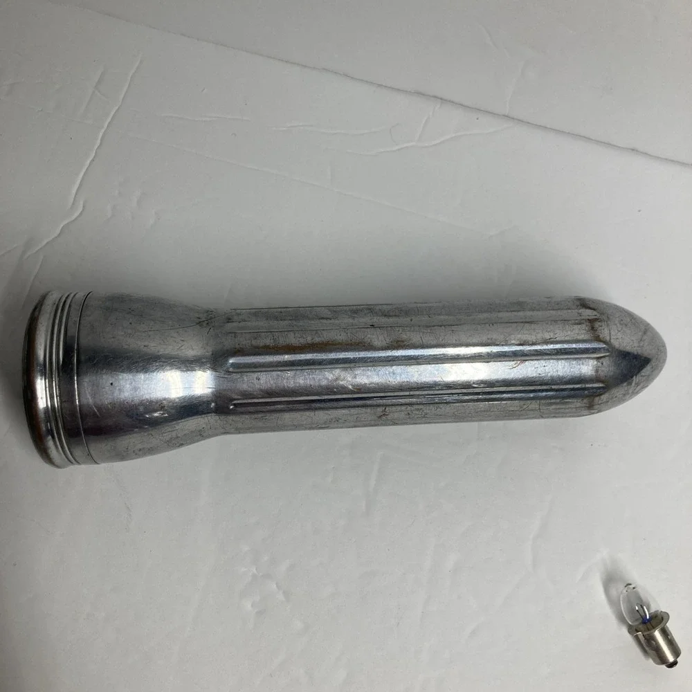Vintage Rayovac Flash Light Silver Bullet Torpedo Style 8 in w/ extra Bulb FLAWS
